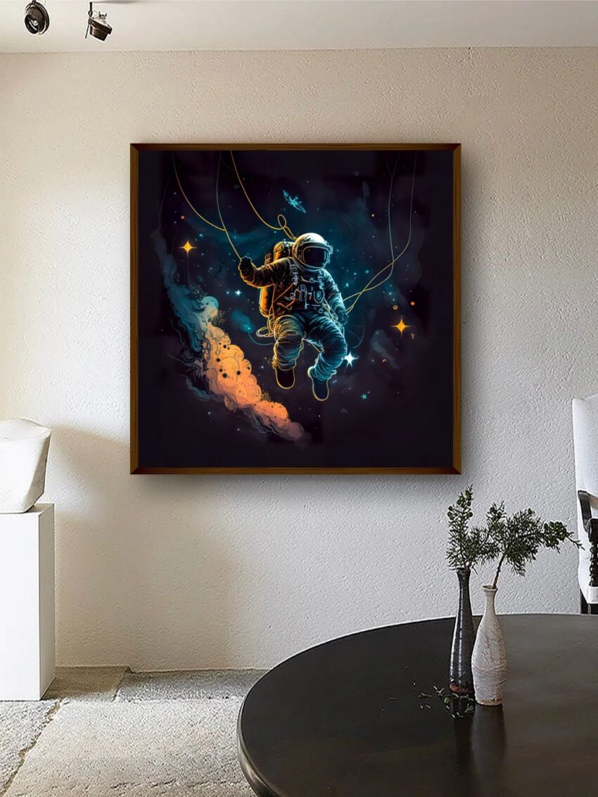 Artsense Painting for wall decoration Abstract wall painting for living- Black Space with Astronaut painting for home decoration with frame-Multicolor/20x20 inches/(50x50 cm)