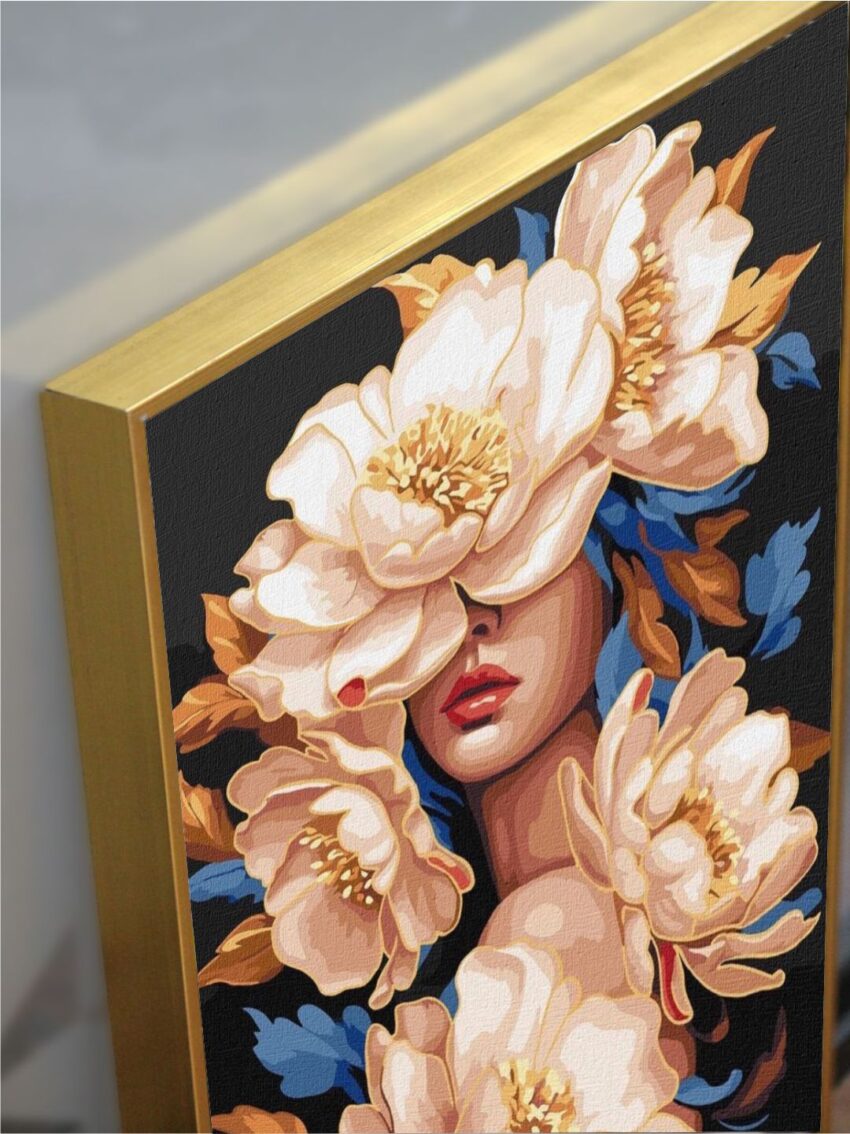 Artsense Floral Lady Luxury Wall Art with Golden Floating Frame – Abstract Painting for Room Decoration – 20x30 Inches (50x71 cm)