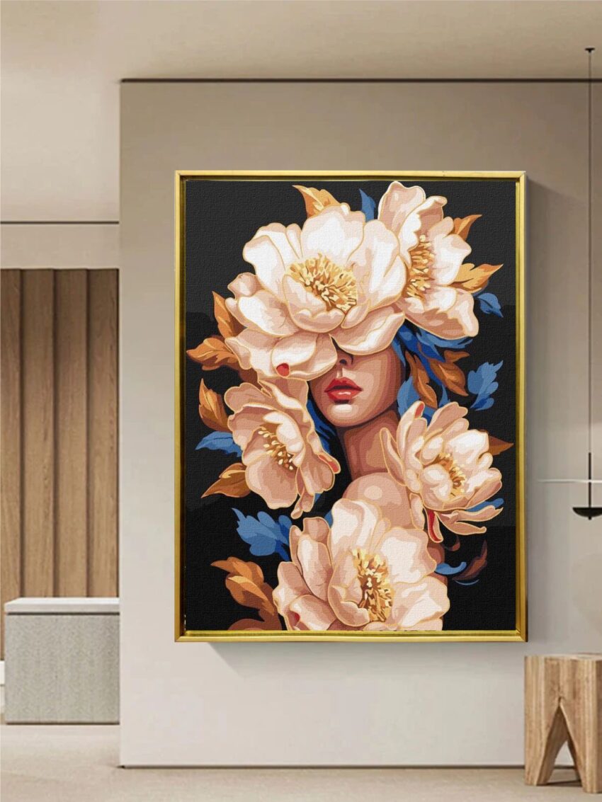 Artsense Floral Lady Luxury Wall Art with Golden Floating Frame – Abstract Painting for Room Decoration – 20x30 Inches (50x71 cm)