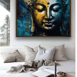 Artsense 3d look Golden Dark landscaped Buddha lucky canvas Painting for wall decoration Abstract wall painting for living room big size painting for home decoration with frame-Multicolor -20x30 inches/(50x71cm) - Image 1