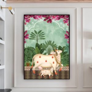 Artsense Kamdhenu Cow with Calf Canvas Wall Art with Floating Frame | Spiritual Vastu Painting 20x30 Inches (50x75 cm) | Framed Wall Decor for Home, Temple & Office - Image 1