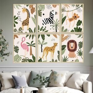 Artsense Jungle Animal Wall Art Set of 6 Frames – 10x13 Inches Each – Kids Room & Nursery Decor with Giraffe, Zebra, Monkey, Flamingo, Cheetah & Lion – Framed Vinyl Prints with Plexiglass, Ready to Hang - Image 1