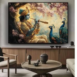 Artsense Krishna Playing Flute with Peacocks Canvas Wall Art with Floating Frame | Spiritual Wall Decor 24x36 Inches (60x90 cm) | Large Framed Painting for Living Room, Temple & Bedroom - Image 1