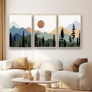 Artsense Mountain Landscape Wall Art Set of 3 Frames – 16x24 Inch Large Nature Prints with Forest, Mountains & Sun – Modern Scenic Vinyl Artwork with Plexiglass for Living Room, Bedroom, Office & Home Decor – Ready to Hang - Image 1