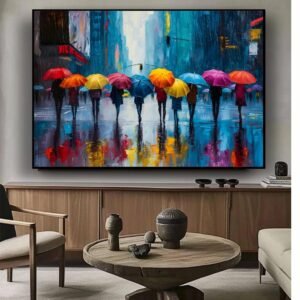 Artsens People Carrying Umbrella Abstract Rain Canvas Wall Art Painting 24x36 Inches Premium Framed Modern Digital Print For Living Room Bedroom Office Good Luck And Positive Energy - Image 1