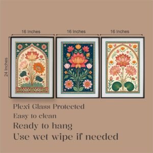 Artsense Traditional Lotus Wall Art Set of 3 Frames –Large Floral Indian Style Prints – Vibrant Botanical Lotus & Flower Artwork – Framed Vinyl Paintings with Plexiglass for Living Room, Bedroom & Home Décor – Ready to Hang (10x13 inches) - Image 4