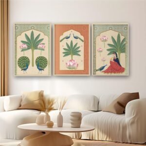 Artsense Traditional Wall Art Set of 3 Frames – 10x13 Inches Each – Vintage Indian Style Decor with Peacock, Lotus & Lady Motif – Framed Vinyl Prints with Plexiglass, Ready to Hang - Image 1