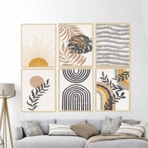 Artsense Modern Abstract Vinyl Wall Art Set of 6 Frames – 10x13 Inches (25x33 cm Each) – Minimalist Sun, Leaf & Pattern Design for Bedroom, Living Room, Home & Office Decor – Plexi Glass Protected, Ready to Hang - Image 1