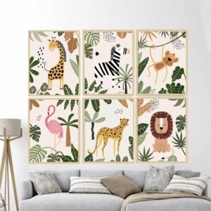 Artsense Jungle Animal Wall Art Set of 6 Frames – 10x13 Inches Each – Kids Room & Nursery Decor with Giraffe, Zebra, Monkey, Flamingo, Cheetah & Lion – Framed Vinyl Prints with Plexiglass, Ready to Hang - Image 2