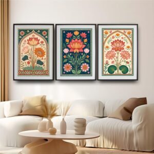Artsense Traditional Lotus Wall Art Set of 3 Frames –Large Floral Indian Style Prints – Vibrant Botanical Lotus & Flower Artwork – Framed Vinyl Paintings with Plexiglass for Living Room, Bedroom & Home Décor – Ready to Hang (10x13 inches) - Image 1