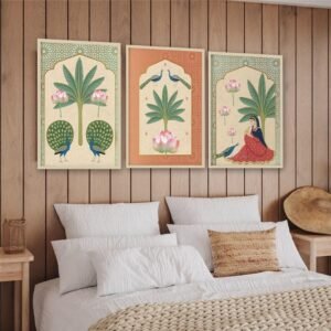 Artsense Traditional Wall Art Set of 3 Frames – 10x13 Inches Each – Vintage Indian Style Decor with Peacock, Lotus & Lady Motif – Framed Vinyl Prints with Plexiglass, Ready to Hang - Image 2