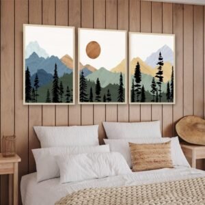 Artsense Mountain Landscape Wall Art Set of 3 Frames – 16x24 Inch Large Nature Prints with Forest, Mountains & Sun – Modern Scenic Vinyl Artwork with Plexiglass for Living Room, Bedroom, Office & Home Decor – Ready to Hang - Image 2