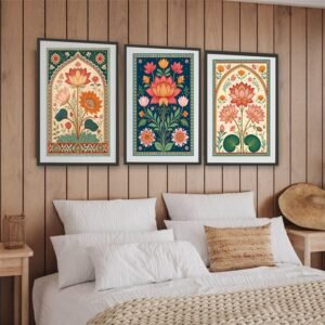 Artsense Traditional Lotus Wall Art Set of 3 Frames –Large Floral Indian Style Prints – Vibrant Botanical Lotus & Flower Artwork – Framed Vinyl Paintings with Plexiglass for Living Room, Bedroom & Home Décor – Ready to Hang (10x13 inches) - Image 2